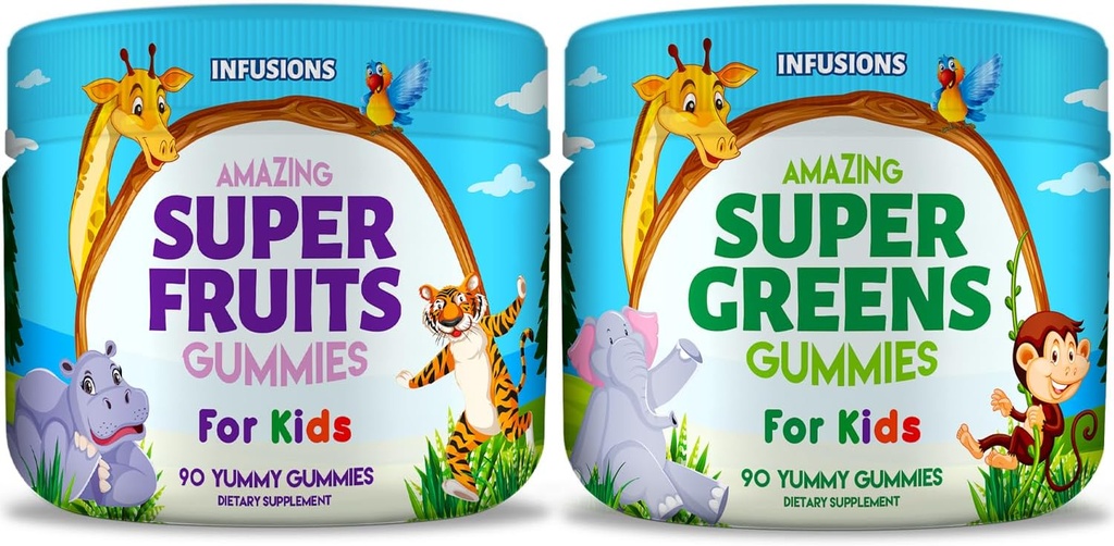 Infusionen Super Fruit und Super Green Gummis für Kinder 180 Count Superfood Blend Soft and Delicious Gluten Free Non-GMO