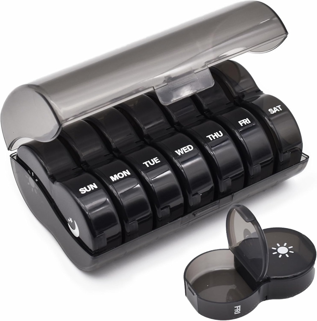 Wöchentliche Pille Organizer, Große 7 Tage Pille Case, Tägliche Vitamin Case Medicine Box, AM/PM Pille Behälter für Medizin ergänzt Fischöl (Schwarz)