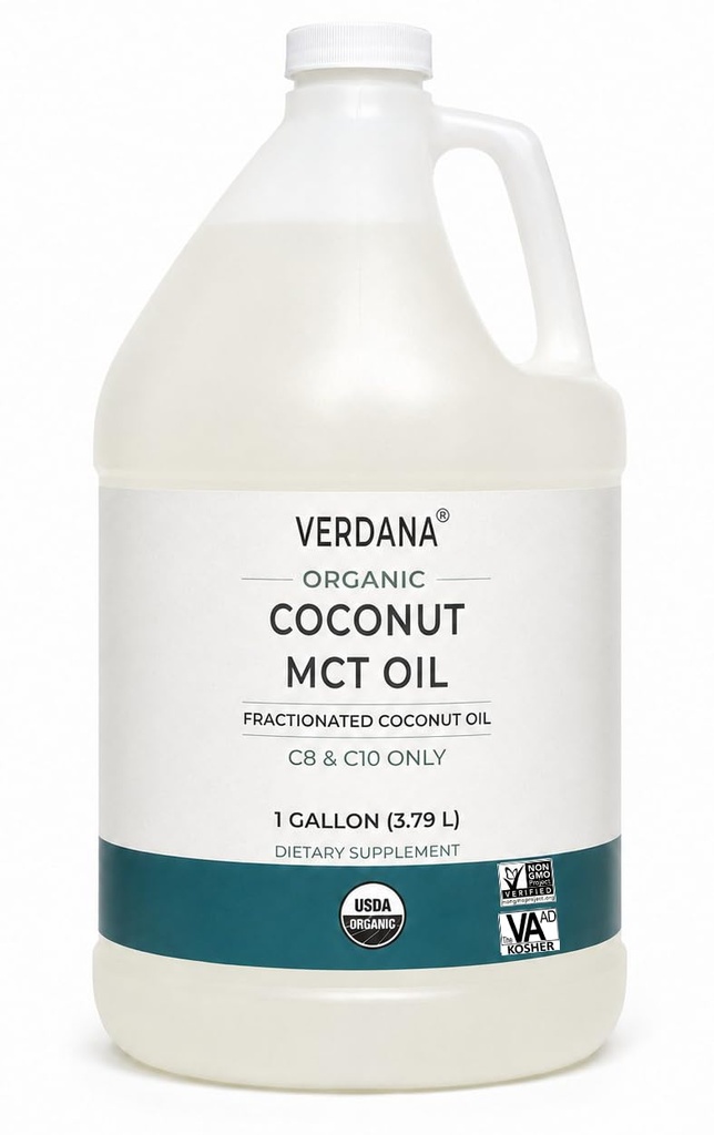 Verdana USDA Certified Organic Coconut MCT Oil – Huile de noix de coco fracturée – Pas de noyau de palmier utilisé – Casher, grade alimentaire, non-OGM – Idéal pour les régimes kéto et paléo – 1Gallon