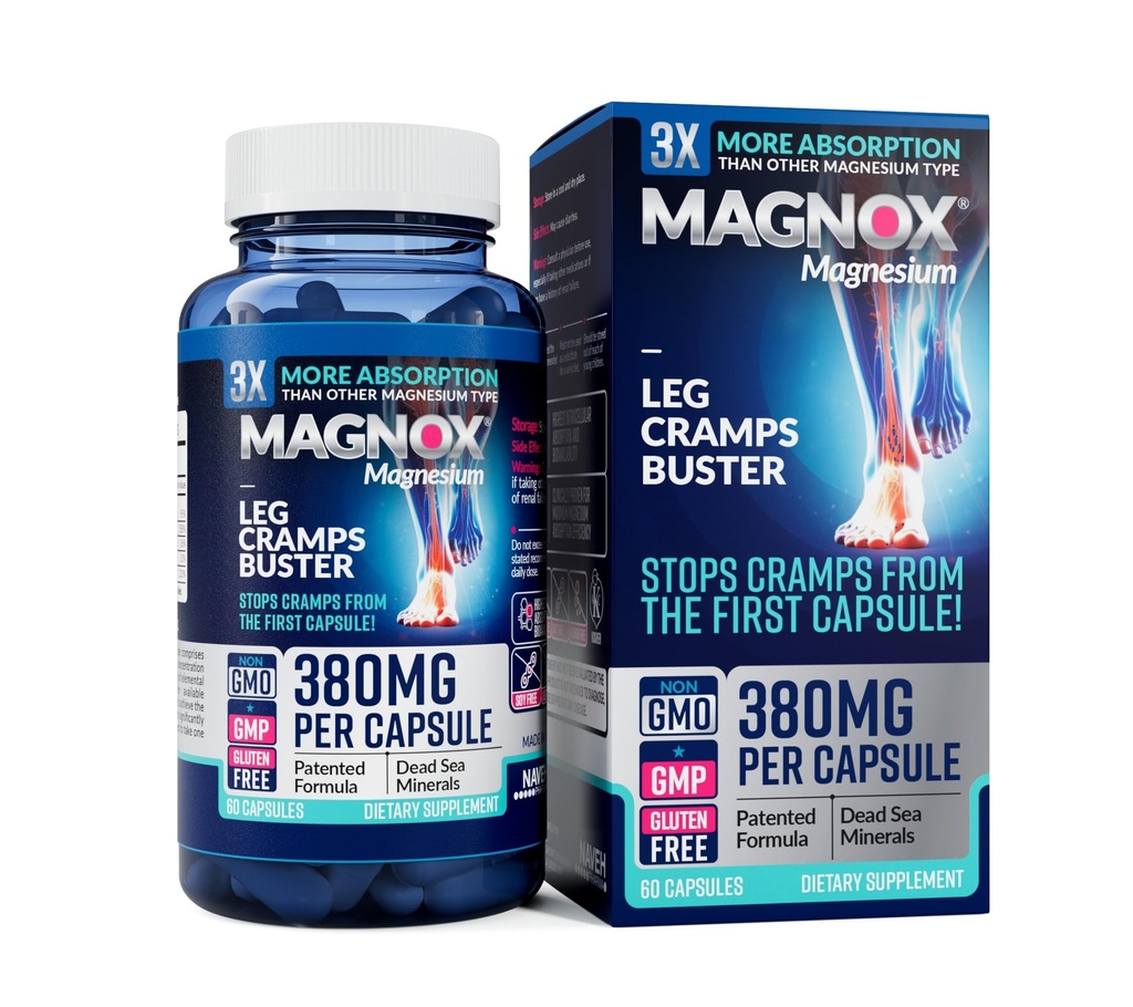 MAGNOX® Leg Cramps Buster | 380mg Magnesium für Leg Cramps bei Nacht | Magnesium Ergänzung für Muskelspasmen | 3X Mehr Absorption | Tote Meer Mineralien | Schlaf & Muskel | 60 Caps
