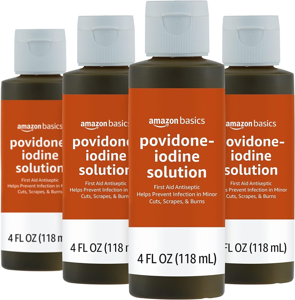   Basics First Aid Antiseptic, 10% Povidone Iodine Solution, 4 Fluid Ounces, 4-Pack (Previously Solimo)