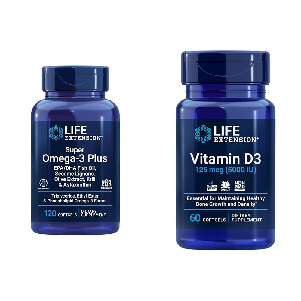 Extension de vie Super Omega-3 Plus EPA/DHA Huile de poisson, sésame Lignans et vitamine D3 125 mcg (5000 UI), santé des os, performance cérébrale