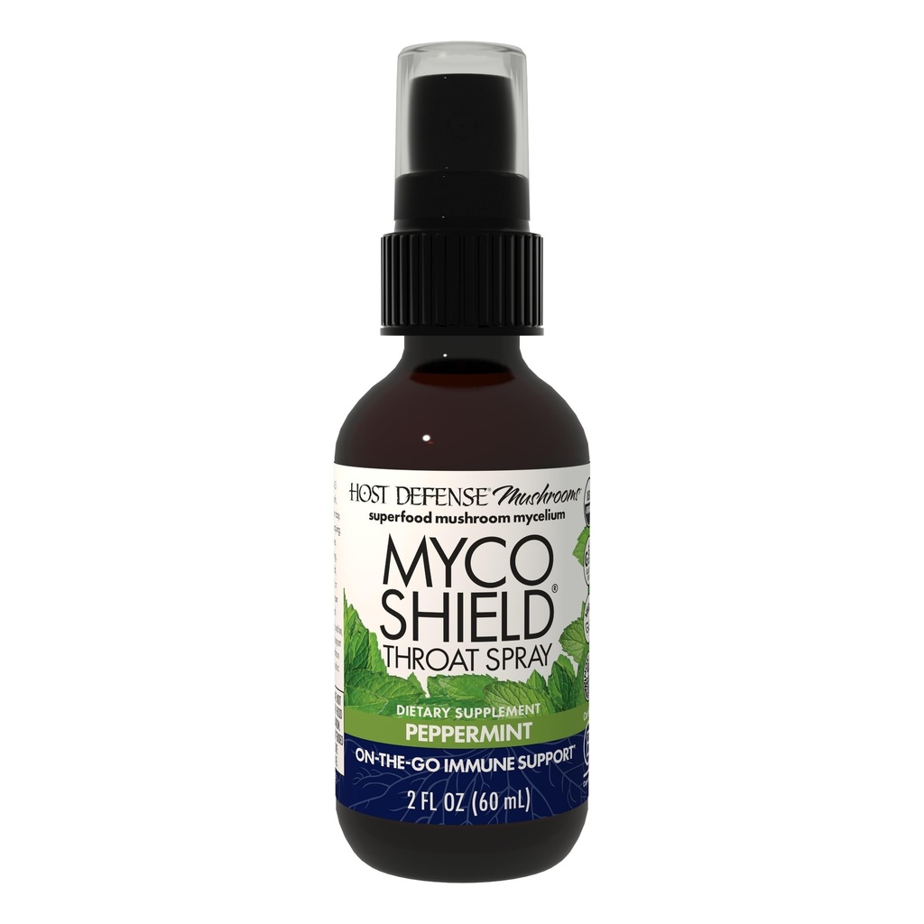 Host Defense MycoShield Throat Spray - Immune Health Support - Nahrungsergänzungsmittel mit Chaga, Reishi, Türkei Tail & More - On-The-Go Immune Support - Peppermint, 2 fl oz (142 Servierungen)*