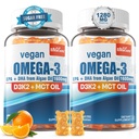 Vegan Omega 3 Gummie 1280mg + Vitamin D3 K2 (MK7), Omega 3 Fischöl Alternative für Erwachsene, w/Algae EPA 600mg & DHA 400mg, MCT Öl - kein Fisch Geschmack - für Gehirn, Auge, Immune Gesundheit, Zuckerfrei, 2 Pack