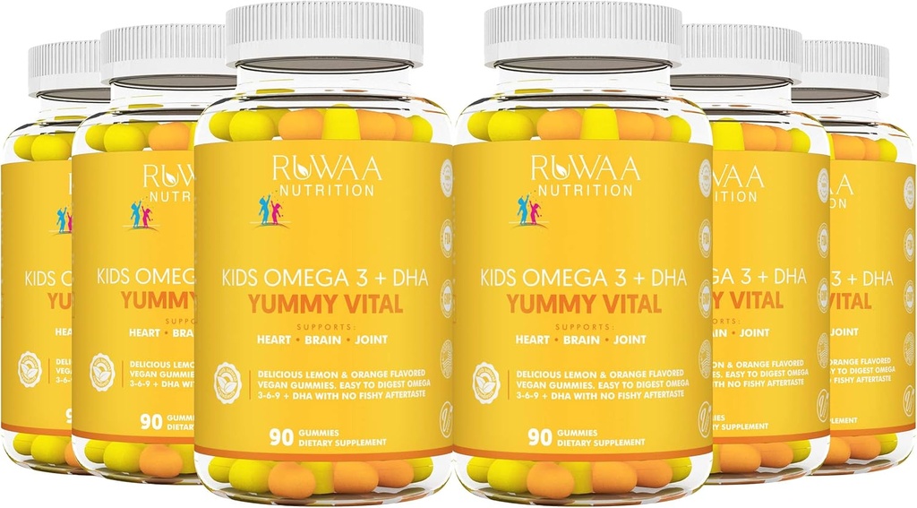 RUWAA NUTRITION Kinder Omega 3 Gummi DHA EPA Omega 3 Ergänzung Kinder. Kein Fischöl nach-Taste Vegan Omega 3 6 9 + DHA Gummies & Vitamin C. Kognitive Gesundheit, Fokus, Vision. Kinder Omega 3 540ct (6)