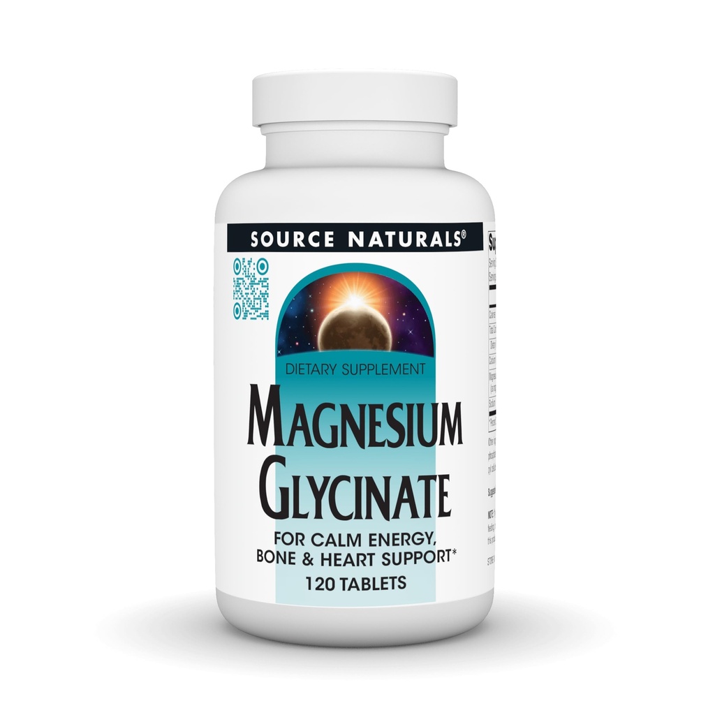 Source Naturals Magnésium Glycinate, Chélaté pour une absorption élevée pour l'énergie calme, les os et le soutien cardiaque*, 200 mg par portion - 120 comprimés