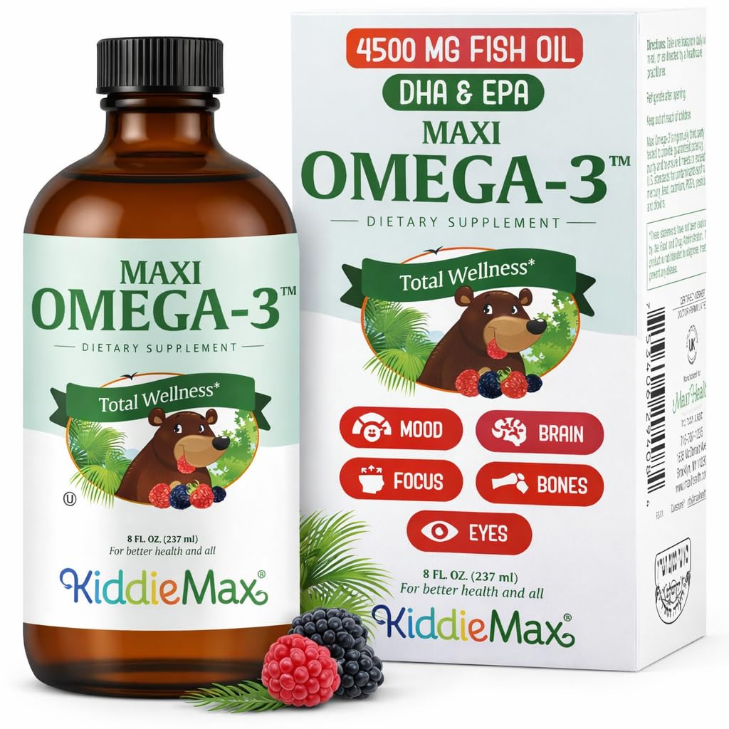 Maxi Health Omega 3 für Kinder-Ergänzung – Kosher Omega 3 Kinder Fish Oil Liquid mit DHA & EPA – Flüssige Fischöl-Ergänzung mit fruchtiger Burst Flavor Mood, Gehirn, Fokus, Knochen & Augen (8 oz)