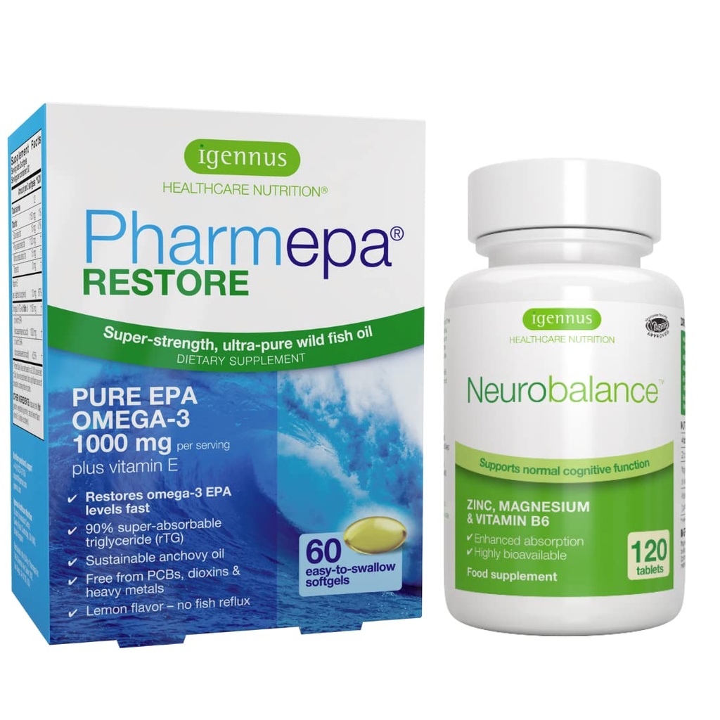 Igennus Pharmepa Restore EPA + Neurobalance Zink, Magnesium & Vitamin B6 Mood Health Bundle für Aufmerksamkeit & Fokus