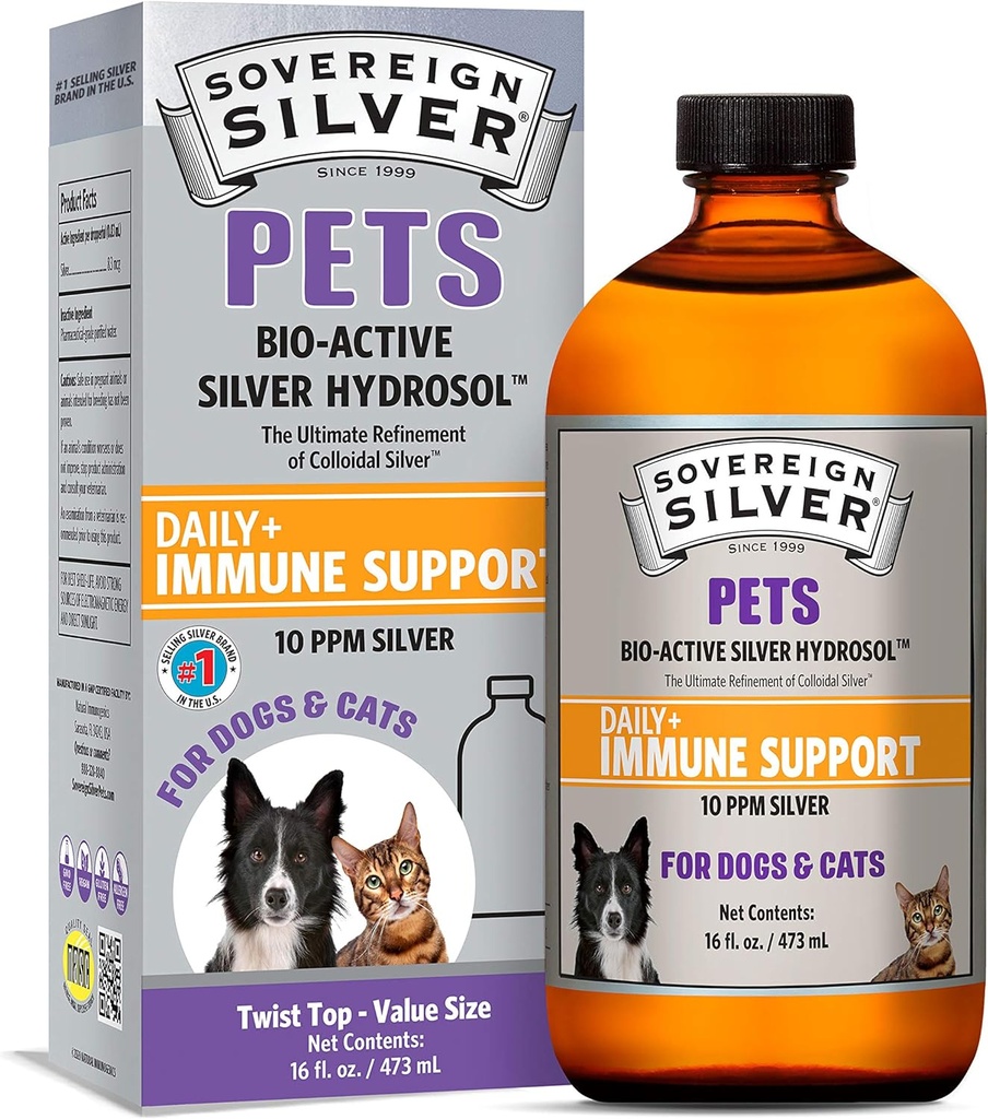Sovereign Silver Pets Immune Support - Colloïdal Silver, Hydrosol Argent Bio-Active, pour chiens et chats, 10 ppm, Twist Top liquide, 16 Fl Oz, (473 ml)