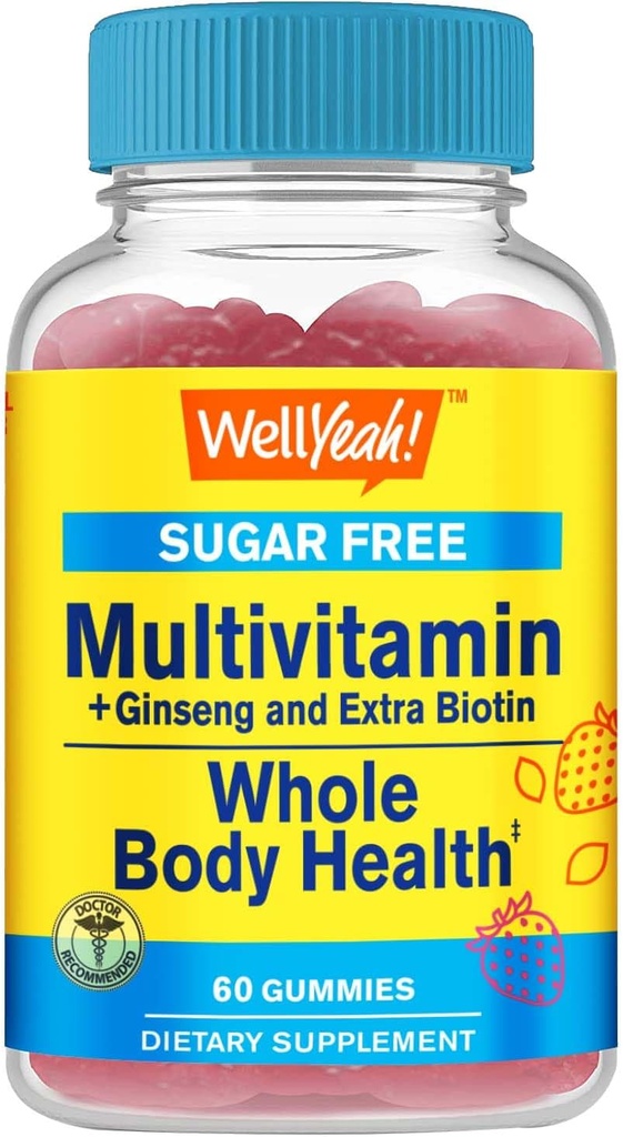 Multivitamin Zucker freie Gummie mit Ginseng, Vitamin A, C, D3, E, B12, B6, B1, B2, B5, Niacin, Folsäure, Biotin, Iodin, Zink, Chrom, Molybdän, Lycopin, Inositol - Vegan - 60 Gummie