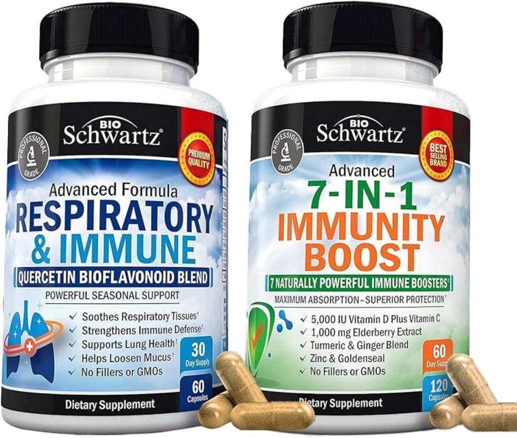 BioSchwartz Respiratory & Immune Lung Support Supplement mit Quercetin (1 Monat Versorgung) Plus 7 in 1 Immun Support Supplement mit Antioxidantien (2 Monate Versorgung)