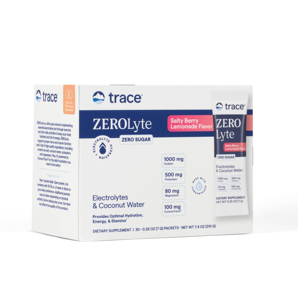 Trace Minerals ZeroLyte - Getränke-Mix-Pulver unterstützt Hydration & Energie - Aids Gesunde Nerve & Muskel-Funktion - Unterstützung Herz & Verdauungs-Gesundheit - Salty Berry Lemonade, 30 Pakete (30 Servietten)