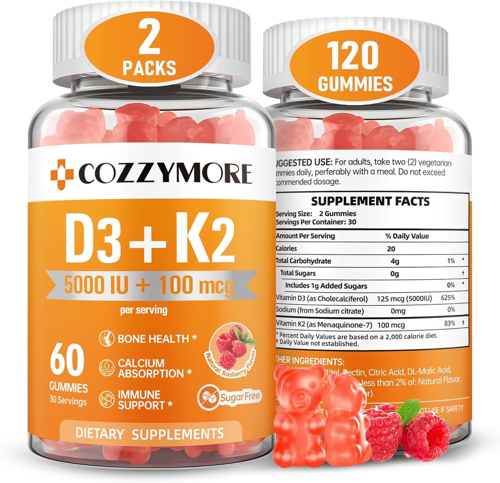 Zuckerfreies Vitamin D3 K2 Gummie, Vitamin D Gummies Supplement, 10000 IU + 200mcg D3 und K2 Ergänzungen, Tasty Gummy Vitamine, Unterstützung für Knochen Muskel Zähne Immun, 60 Portionen 120 Gummi, Himbeer