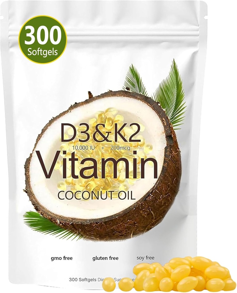 Vitamin D3 K2 Softgel, D3 K2 Vitamin 10000 IU, 10000 IU VIT D3 + 200 MCG Vitamin K2, frei von GVO, Gluten, Soja, Knochengesundheit, Unterstützt Calciumabsorption, 300 Gele