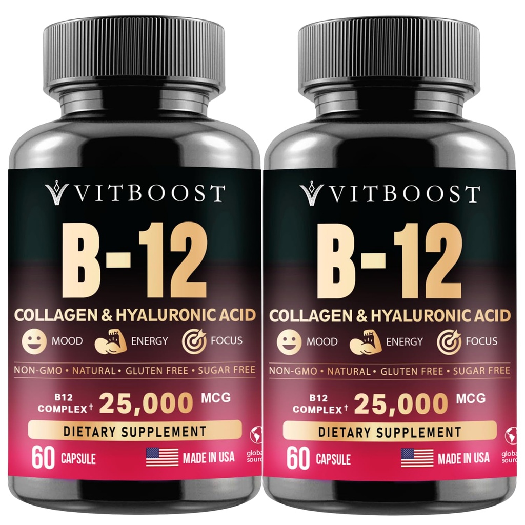 B12 Methylcobalamin mit Hyaluronsäure, Kollagen und Folat – 25000 mcg Supplement Enhance Absorption & Boost Energy | Glutenfrei, Made in USA, B1, B2, B3, B6, B7 Complex - Paket von 2