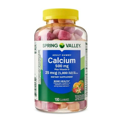 Spring Valley Kalzium 500 mg Plus Vitamin D 25 mcg Knochengesundheit Nahrungsergänzungsgummis, 100 Count + DRI Store Aufkleber.