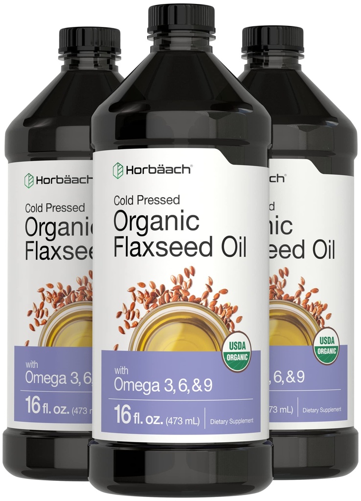 Horbäach Organic Flaxseed Oil | 3 Pack | 16 fl oz Jede | Kalt | mit Omega 3, 6, 9 | Vegetarisch, Non-GMO, Glutenfreie Flüssigkeit