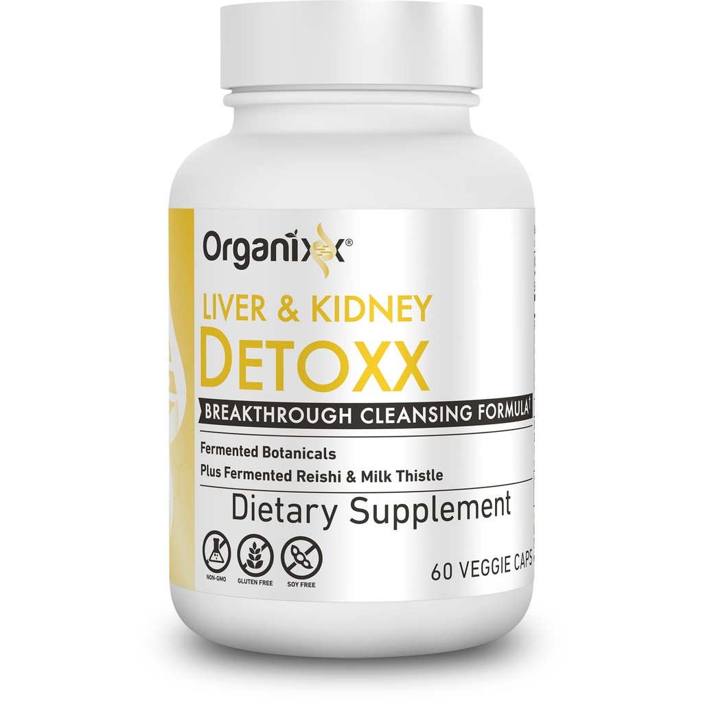 Organixx Rein & Liver Support Supplément nettoyant, Lait Thistle Reishi Formule à base de plantes pour la santé digestive, le rein et le foie, le sommeil et le soutien énergétique, sans gluten, non OGM, 60 capsules végétariennes
