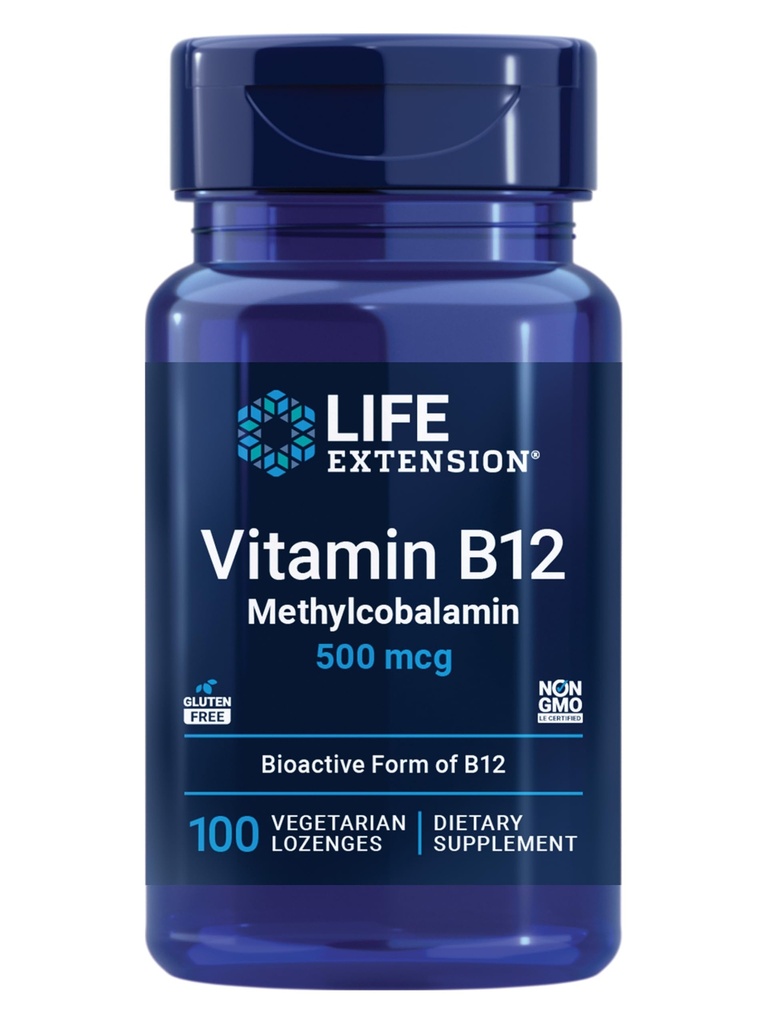 Durée de vie Vitamine B12 méthylcobalamine 500mcg - Supplément de vitamine B12 pour l'énergie générale et la santé du cerveau - Lozanges végétariennes sans sucre dissous dans votre bouche - Une fois par jour - 100 Compte