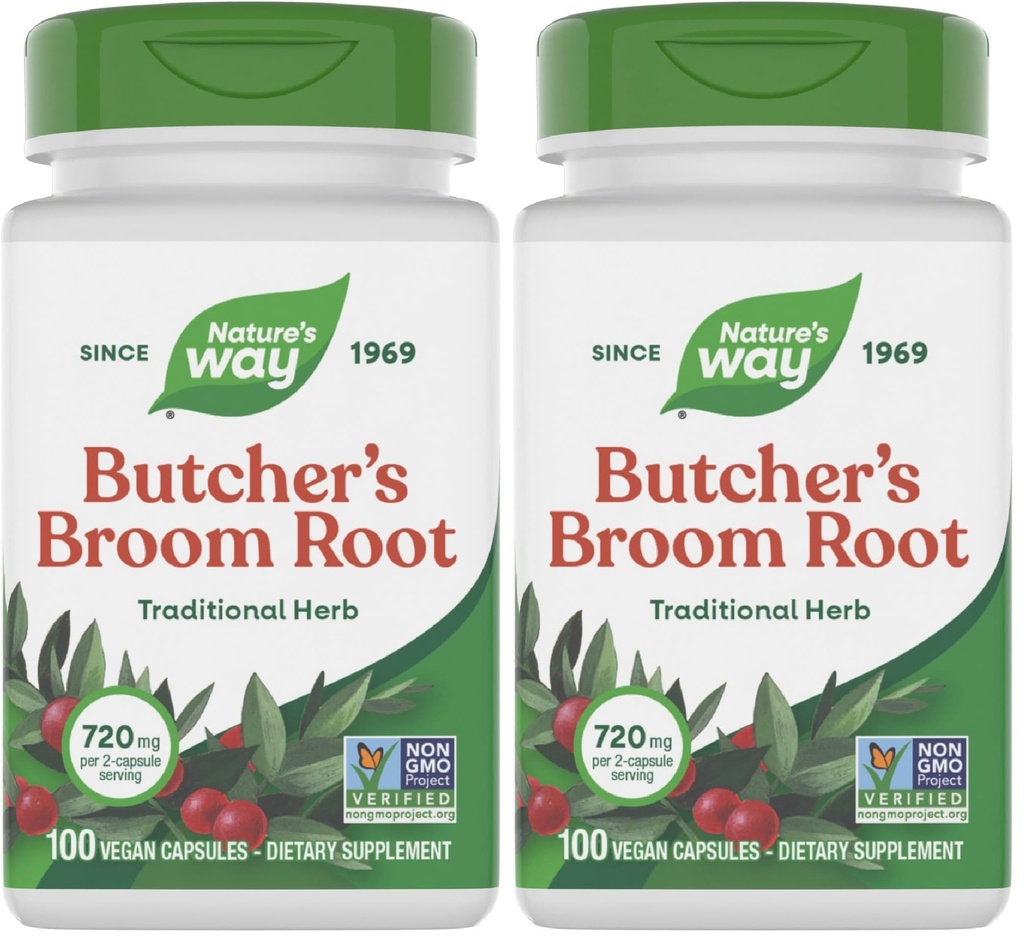 Nature's Way Butcher's Broom Root, soutien traditionnel à la veine des jambes*, 100 capsules végétaliennes (paquet de 2)