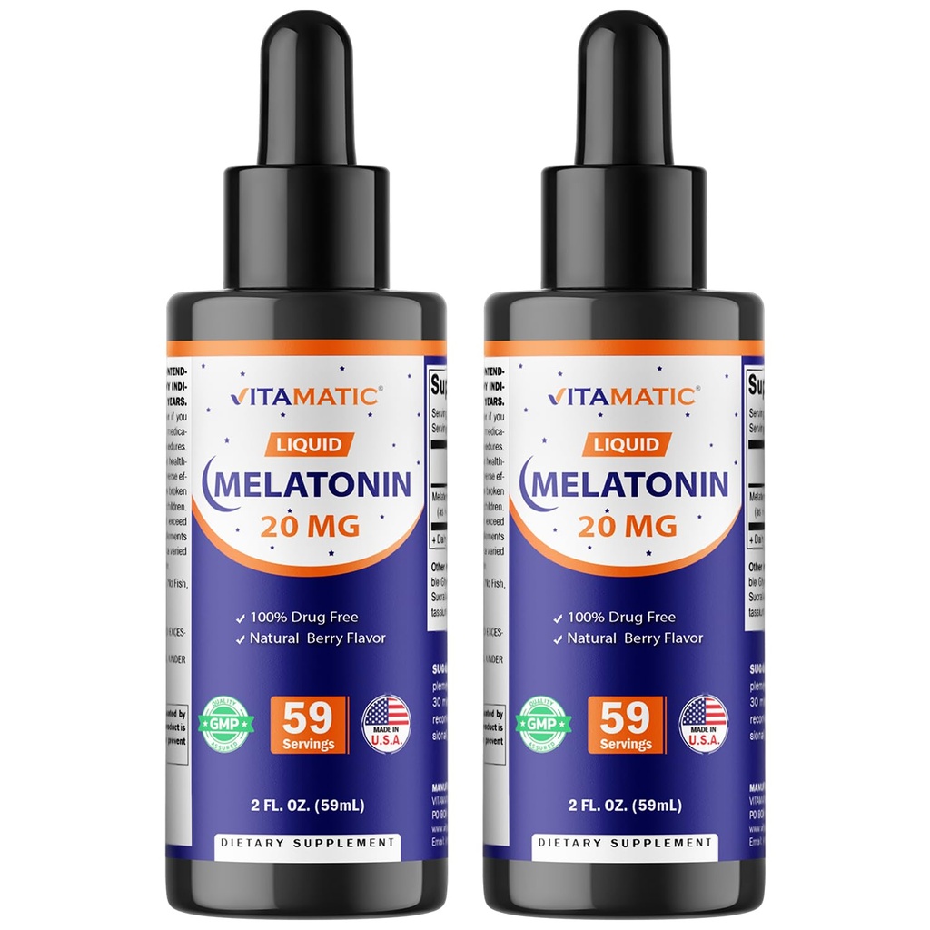 Vitamatic 2-Pack Melatonine 20mg gouttes liquides - 2 fl oz (59 ml) Chacun - Fleur de baie naturelle - Non-OGM, Supplément végétarien pour les adultes