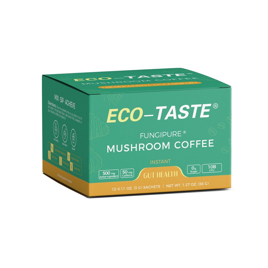 ECO-TASTE Mushroom Coffee Mix, entwickelt für Gut-Gesunde mit Chaga, Lion's Mane, Turkey Tail, Yacon und Probiotics – 12 Sachets