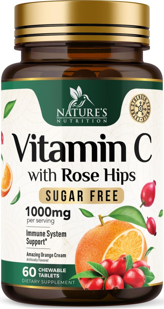 Vitamin C Chewable 1000mg - Extra Strength Antioxidantien für leistungsfähige Immununterstützung w/Vitamin C & Rose HIPS - Potent Dietary VIT C Chews Supplement, Natürliche Orange Flavor, Vegan, Non-GMO - 60 Tabletten