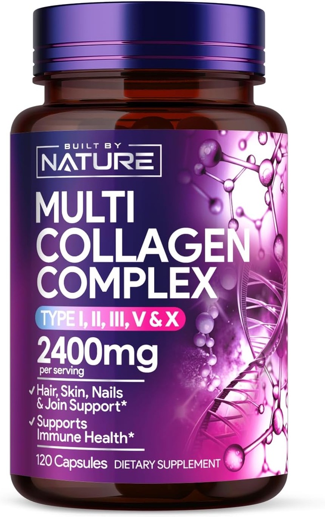 Erbaut von Nature Collagen Pills – Multi Collagen Peptides Complex Supplement für Damen – Typ I, II, III, V, X für Haar, Haut, Nägel, Gelenke & Knochen Gesundheit - hydrolysiert, Grass-Fed - 120 Kapseln