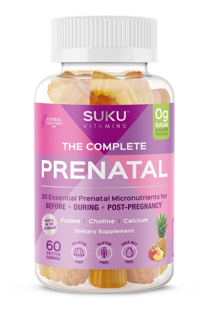 Gummies multivitamines prénatales SUKU – Folate, Calcium, Vitamine D3, B12, K2 – Sans sucre, Végétarien, sans gluten Soutien à la grossesse – Flaveur de pêche ananas – 60 Nombre