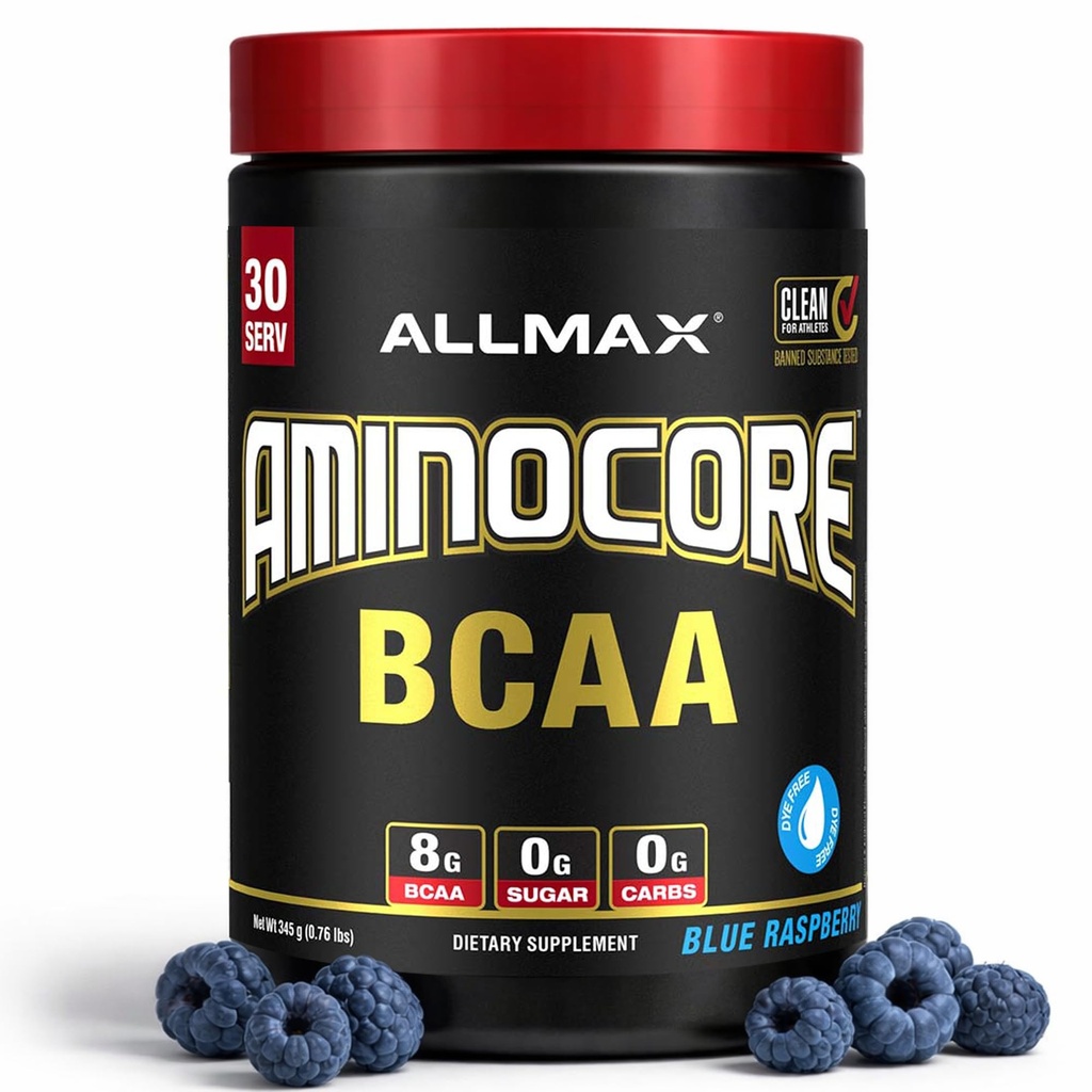 ALLMAX Nutrition AMINOCORE BCAA – 8G BCAAs – Acides aminés enchaînés 100% branches pures – Sans gluten - Framboise bleue - 315 Gram