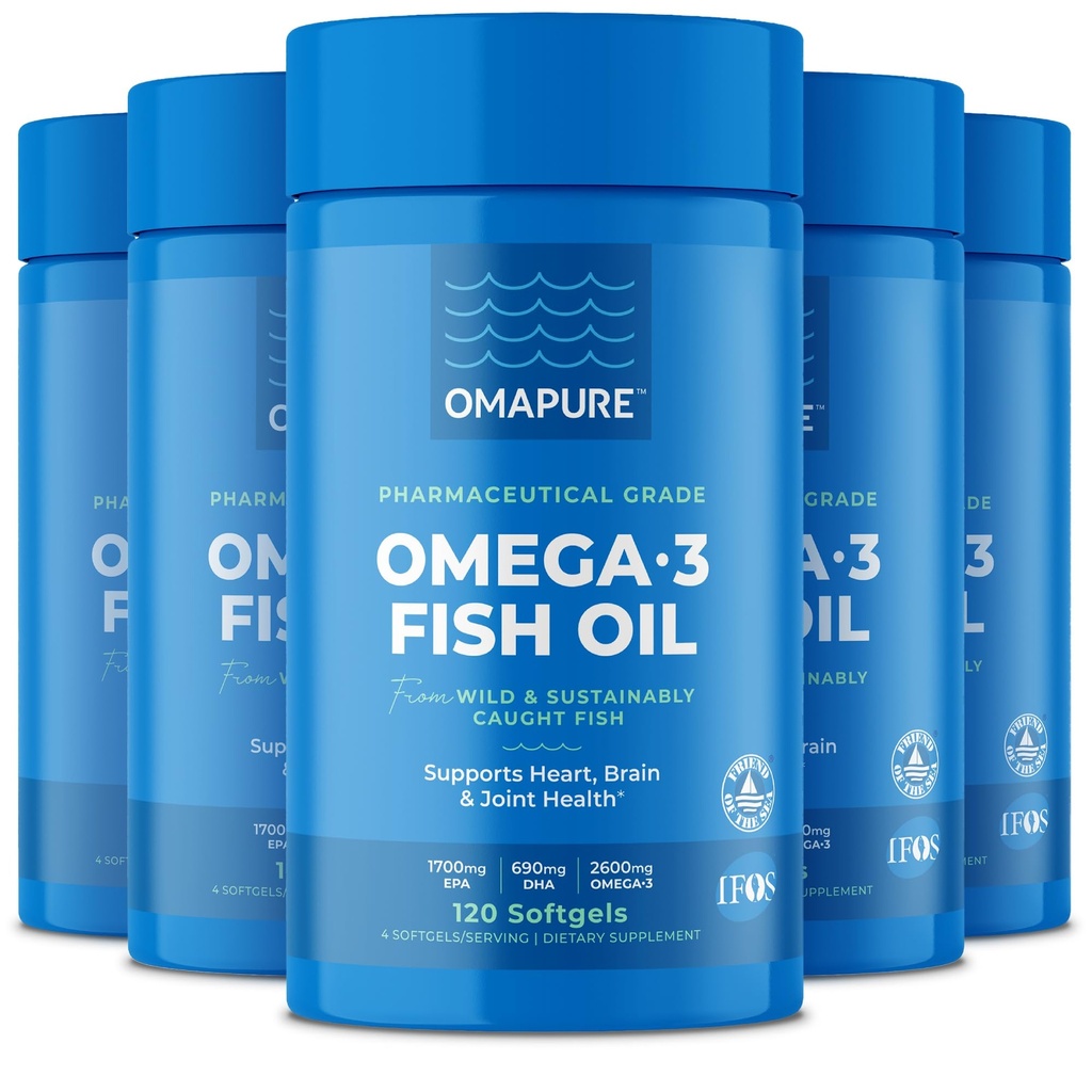 Fish Oil Supplements mit Omega 3 Fettsäuren (5 Flasche, 120 Softgels) - High EPA, DHA, & IFOS Fish Oil Pills unterstützen Herz & Gelenke Gesundheit - Burpless Fish Oil fördert Gehirnfunktion
