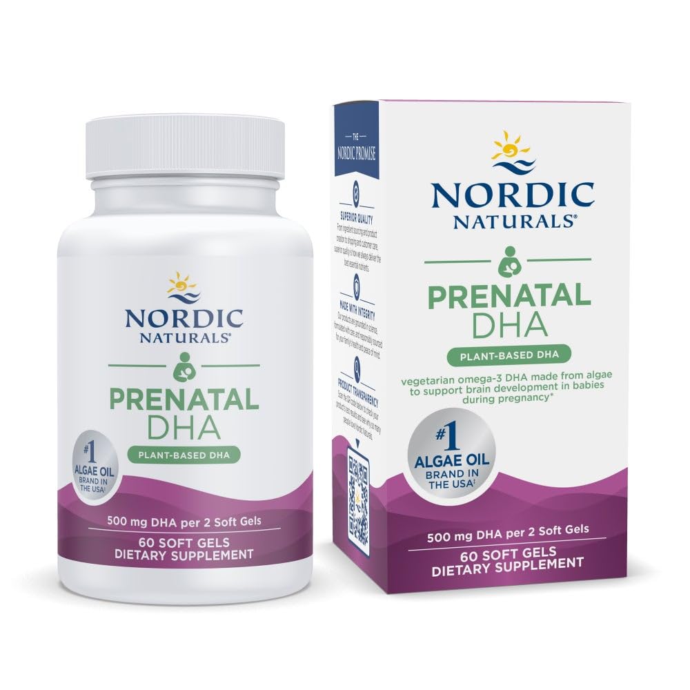 Nordic Naturals Vegan Prenatal DHA, Unflavored - 60 Soft Gels - 500 mg Pflanzenbasierte DHA - unterstützt Gehirnentwicklung in Babys & Gesunde Schwangerschaft - Non-GMO - 30 Servietten