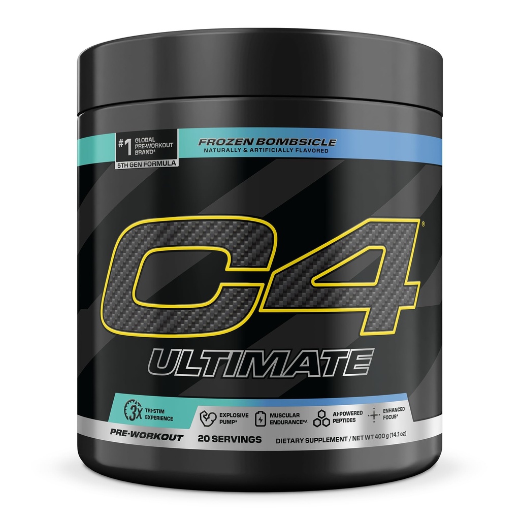 C4 Ultimate Pre Workout Powder - Supplément d'énergie sans sucre pour hommes et femmes - 300mg Caféine + TeaCrine + Dynamine + Créatine - Bombes congelées, 20 portions