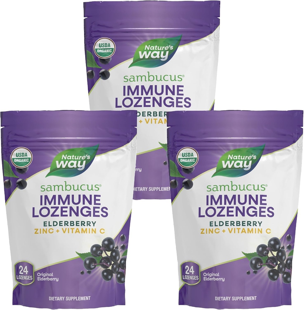 Nature's Way Sambucus Immune Lozenges, Zink + Vitamin C, Black Elderberry Extract, USDA Certified Organic, Original Berry Flavored, 24 Lozenges (Packaging May Vary) - 3 Pack