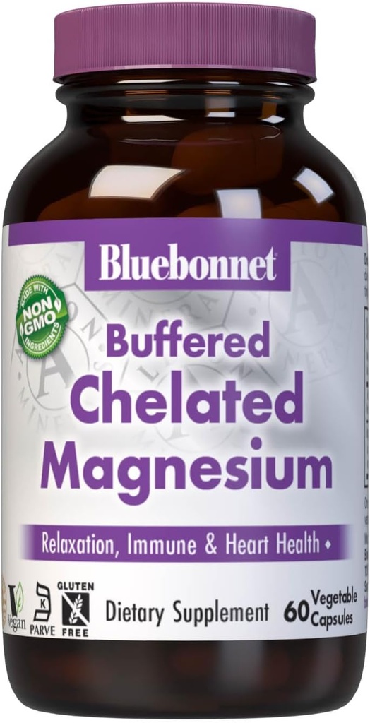 Bluebonnet Nutrition Albion Buffered Chelat Magnesium 200 mg, Magnesiumoxid, Stress Relief, Vegan, Non GMO, Glutenfrei, Sojafrei, Milchfrei, Kosher, 60 Gemüsekapseln, 1 Monat Versorgung