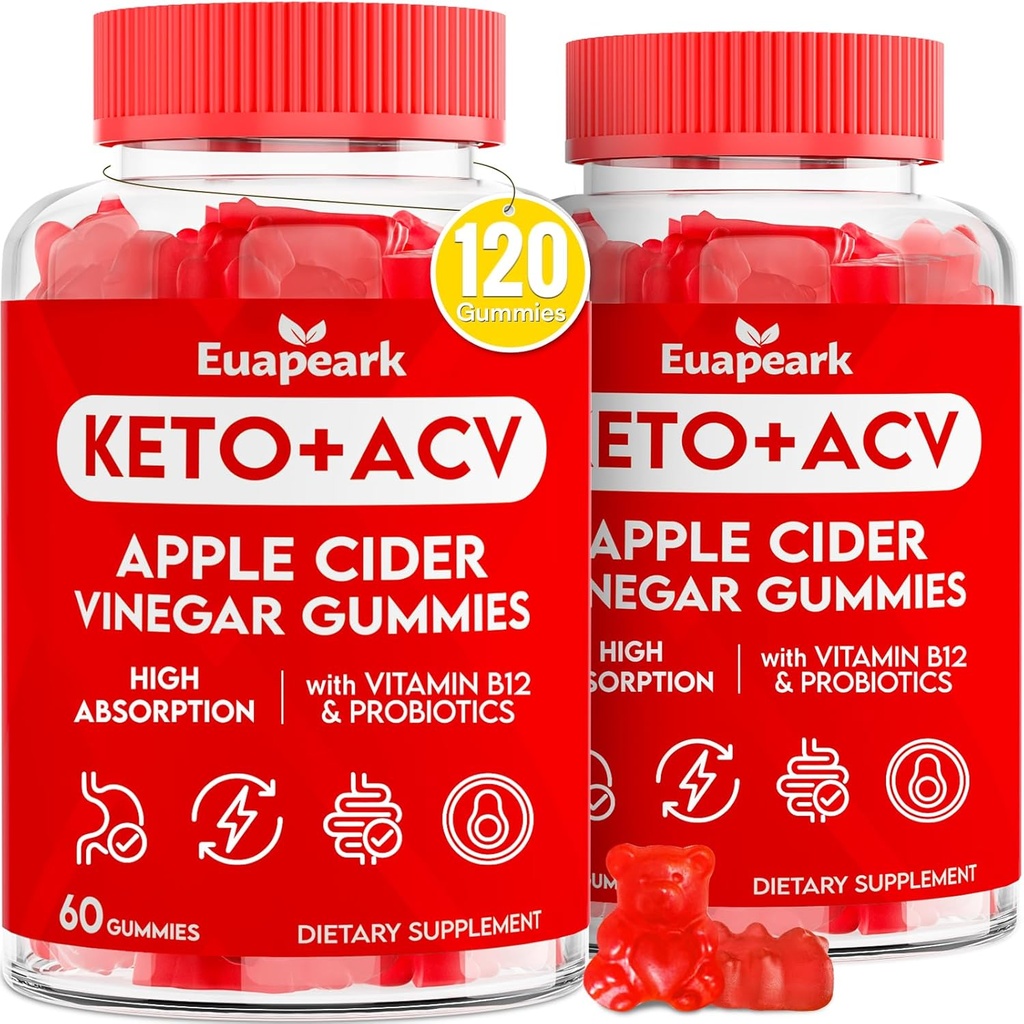Apfelessig-Gummien, Keto ACV-Gummien mit Probiotika, Vitamin B12 & Keto-Unterstützung, 2000 mg ACV mit Mutter für Verdauung, Stoffwechsel, Saubere & Detox-Diät, Vegan, Low Sugar, 120 Zähler
