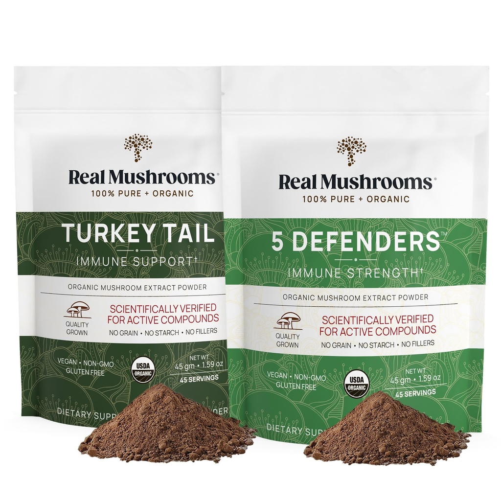 Echte Pilze Türkei Tail (45g) und 5 Verteidiger (45g) Pilzextrakt Pulver Bundle - Pilzergänzung für Immunstärke - Vegan, Non-GMO Immunität Ergänzung