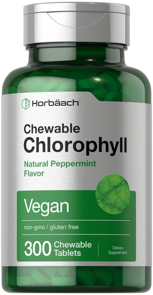Horbäach Chlorophyll Pills | 300 Chewable Tablets | Natural Peppermint Flavor | Vegan, Non-GMO & Gluten Free Supplement