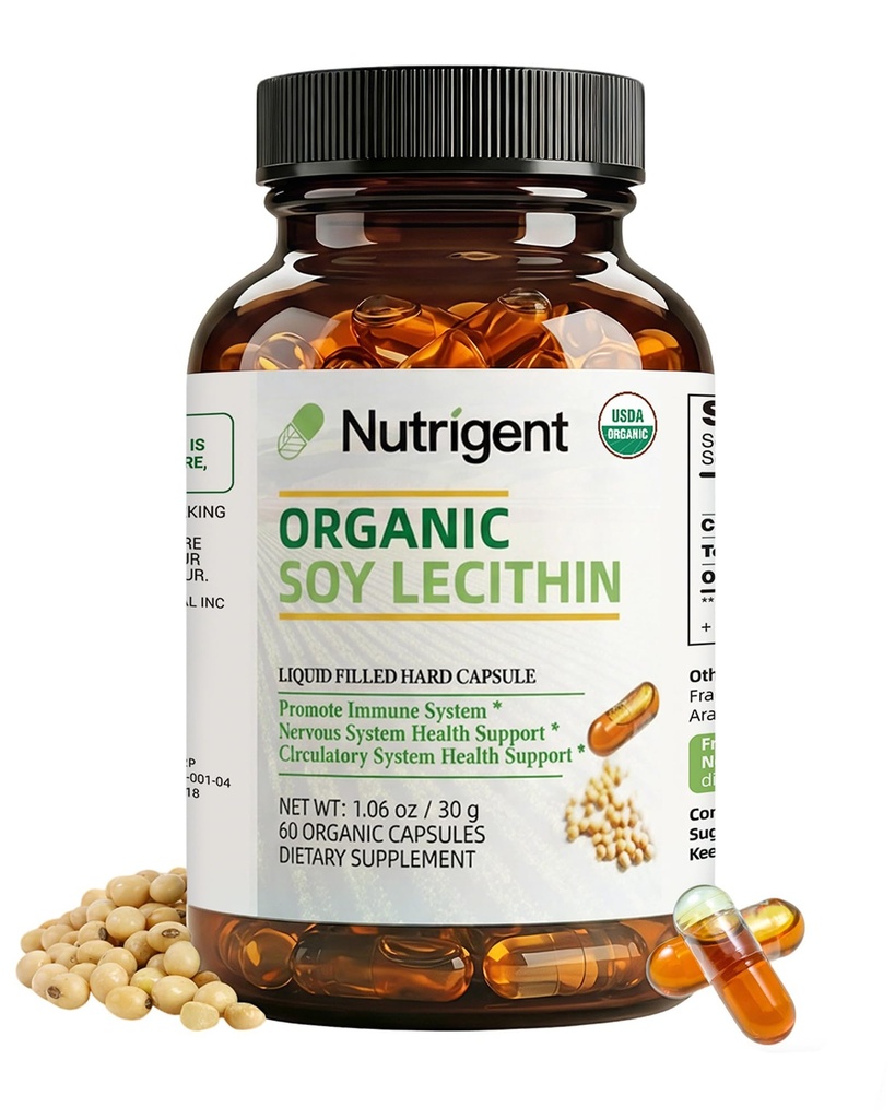 USDA supplément de lécithine de soja biologique 800 mg, capsules organiques liquides à absorption élevée, supplément de lécithine de choline pour le cerveau et le foie, sans OGM, sans gluten, 60 nombre