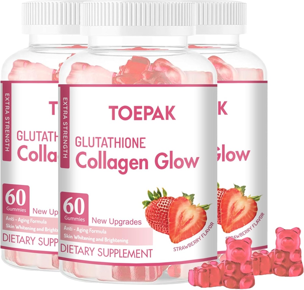 Multi Collagen Protein Glow Beauty Collagen Gummis, Frauen Anti-Aging-Unterstützung mit Glutathione, Biotin & Multivitamins, fördert Haut- und Haargesundheit, Erdbeere, 180 Gummi (90 Tage)