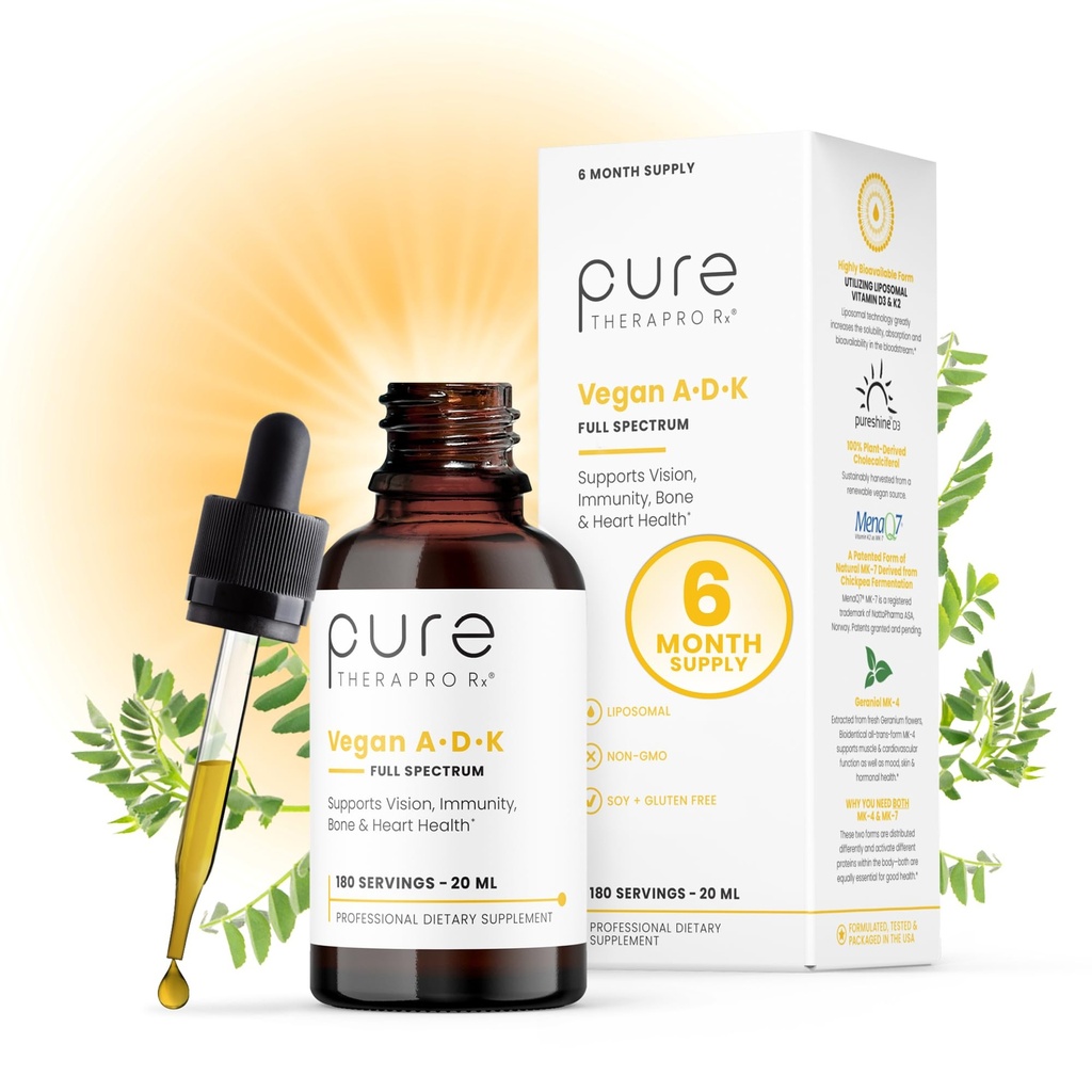 Pure TheraPro Rx Vegan A-D-K Tropfen-6 Mon Supply-Vitamin A(Palmitat & Betacarotene),Liposomales Vitamin D3(als veganes Cholecalciferol),Liposomales Vitamin K2(MK-4 & MK-7)Unterstützung Immunität & Knochengesundheit-20mL