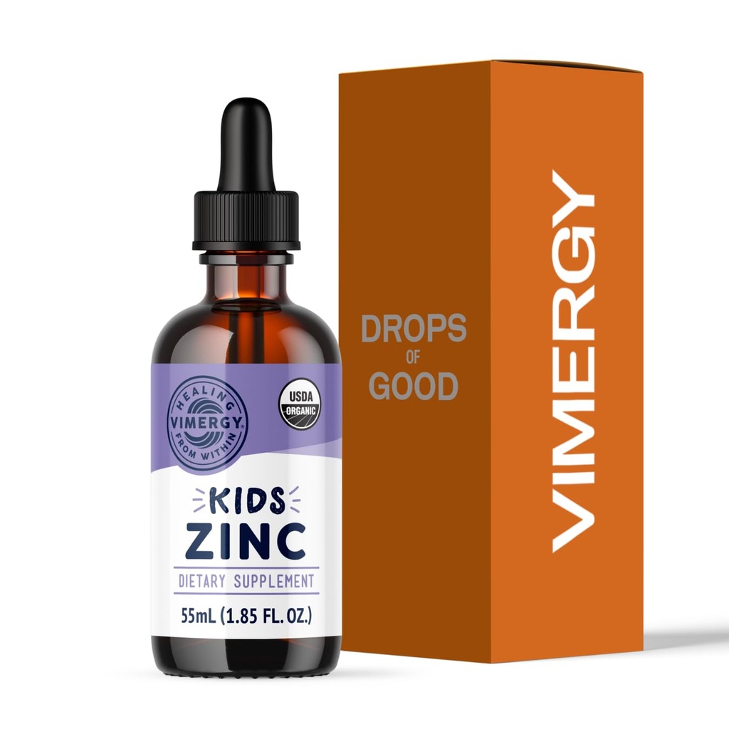 VIMERGY Kids USDA Organische flüssige Zinksulfat – für Kinder & Jugendliche 1-18 Jahre alt, schnell absorbierend Immununterstützung* – fördert gesunde Knochen, Haare & Haut. Kosher, Vegan, Non-GMO – 55 mL