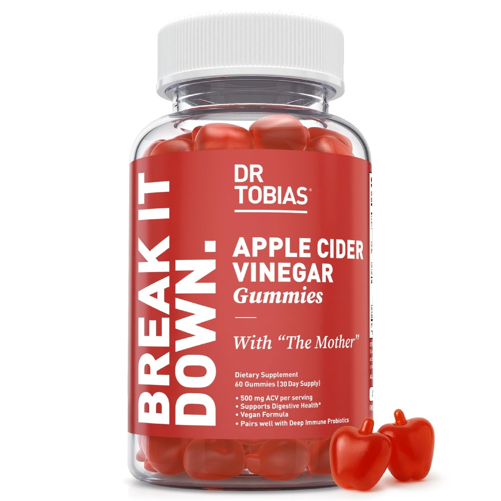 Dr. Tobias Apple Cider Essiggummis mit der Mutter, 500mg ACV pro Servieren, Plus Folate, B6, B12 & Iodine, unterstützt Verdauungsgesundheit, Gut Cleanse & Detox, Vegan, 60 Gummies