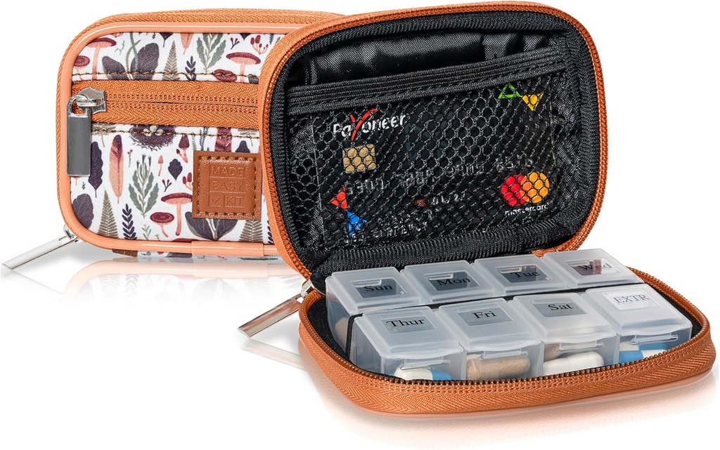 Trousse facile Case Pill - Organisateur de médecine hebdomadaire avec boîte de vitamines et suppléments amovibles de sept jours (bois brun clair)