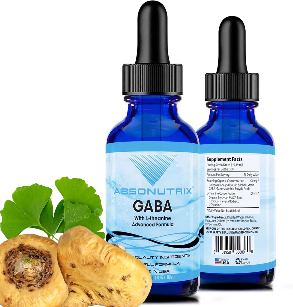 Absonutrix GABA avec L-Theanine 290 mg, 4 Oz Liquide, 300 portions, Fabriqué aux États-Unis, Absorption rapide, Ingrédients de Potent de Qualité, Non-OGM, Installations certifiées GMP, Produits sans cruauté