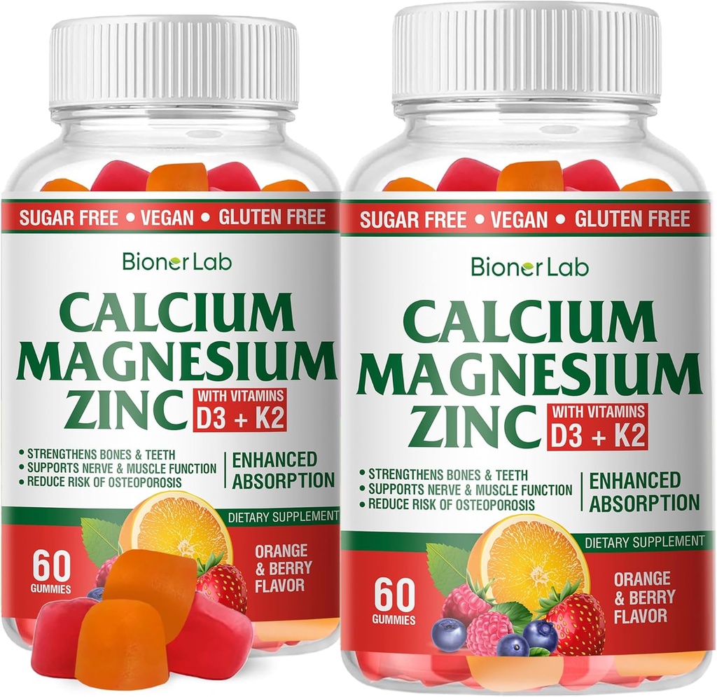 BionerLab Calcium Magnesium Zink-Gummi mit Vitamin D3 & K2 - Hohe Potenz Enhanced Absorption - Orange und Berry Flavored