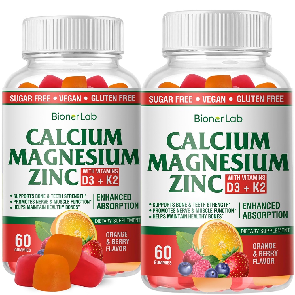 BionerLab Calcium Magnesium Zink-Gummi mit Vitamin D3 & K2 - Hohe Potenz Enhanced Absorption - Orange und Berry Flavored
