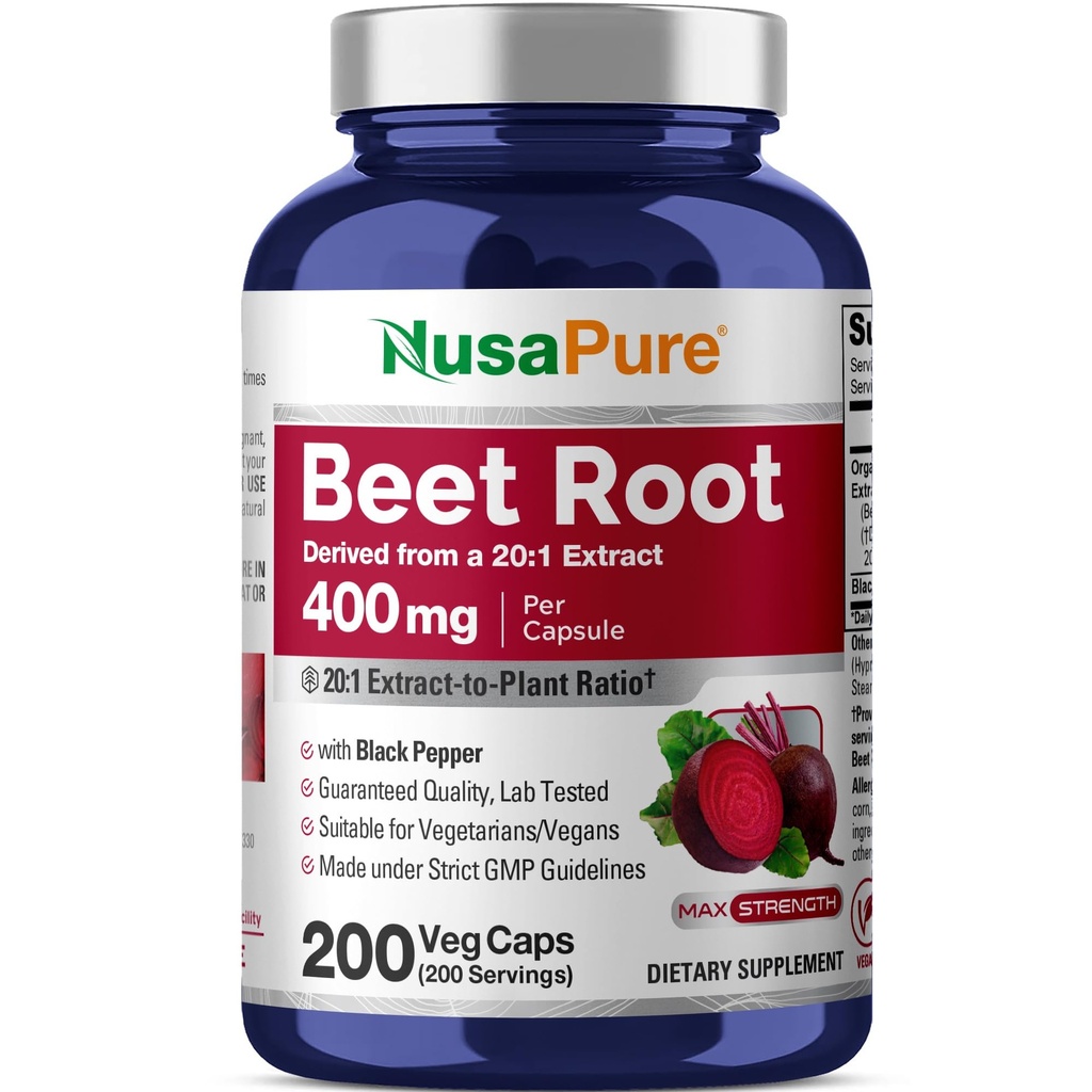 NusaPure racine de betterave biologique 20:1 Extrait, 400 mg Équivalent à 8 000 mg - Poivre noir 4:1 Extrait, 10 mg - 200 capsules de légumes (Vegan, non-OGM)