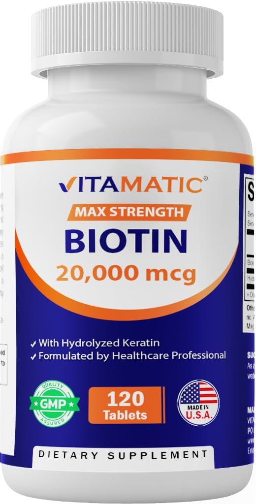 Vitamatic High Potency Biotin 20000 mcg (20mg) mit Keratin 100mg - 120 vegetarische Tablets - Biotin-Ergänzungen für gesünde Haarhaut & Nägel für Erwachsene (120 Count (Pack von 1))