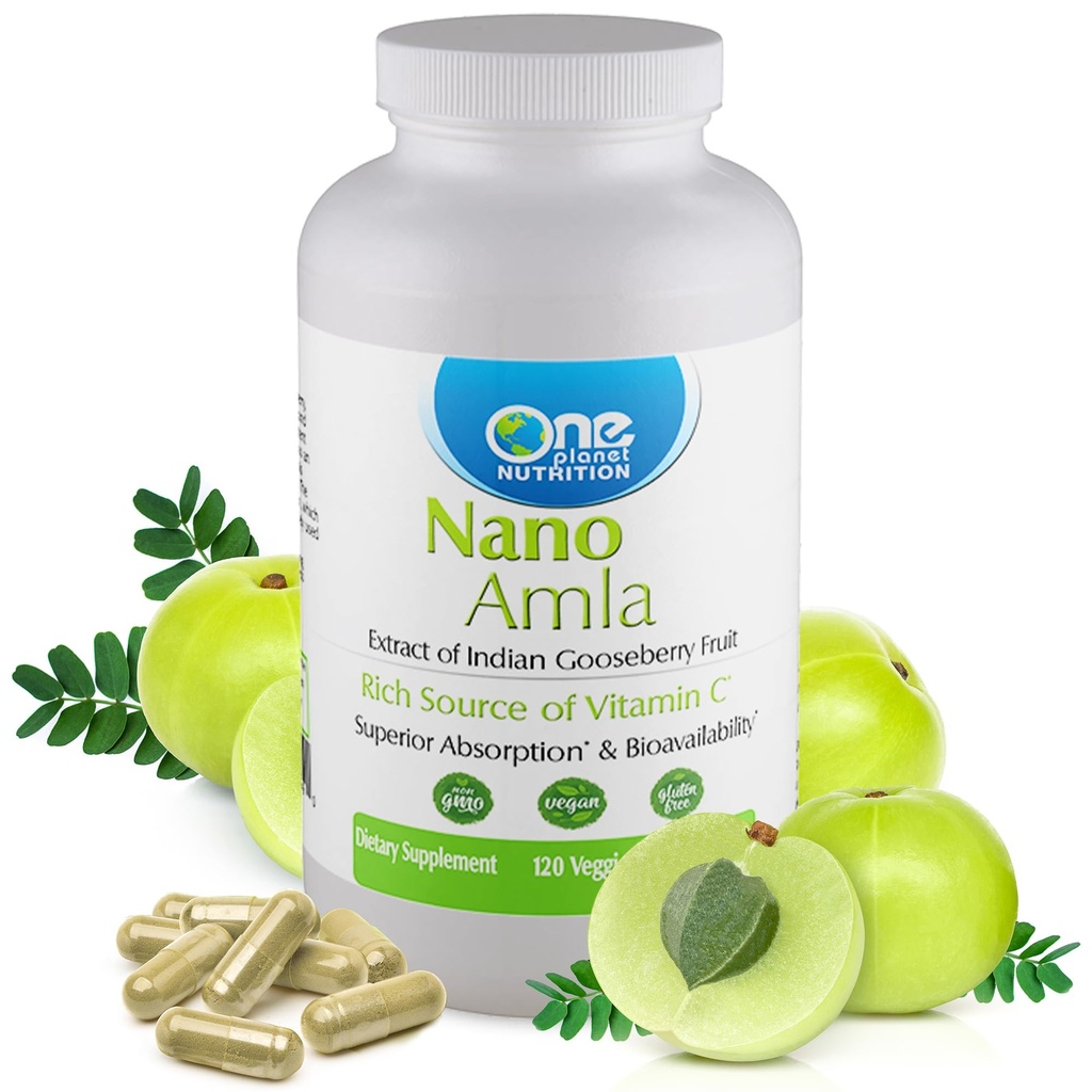 One Planet Nutrition Nano Amla 500 mg Capsules de légumes (120 portions), Extrait de fruits Amla, riche en vitamine C pour la production de collagène et le soutien immunitaire, non OGM, végétalien, sans gluten